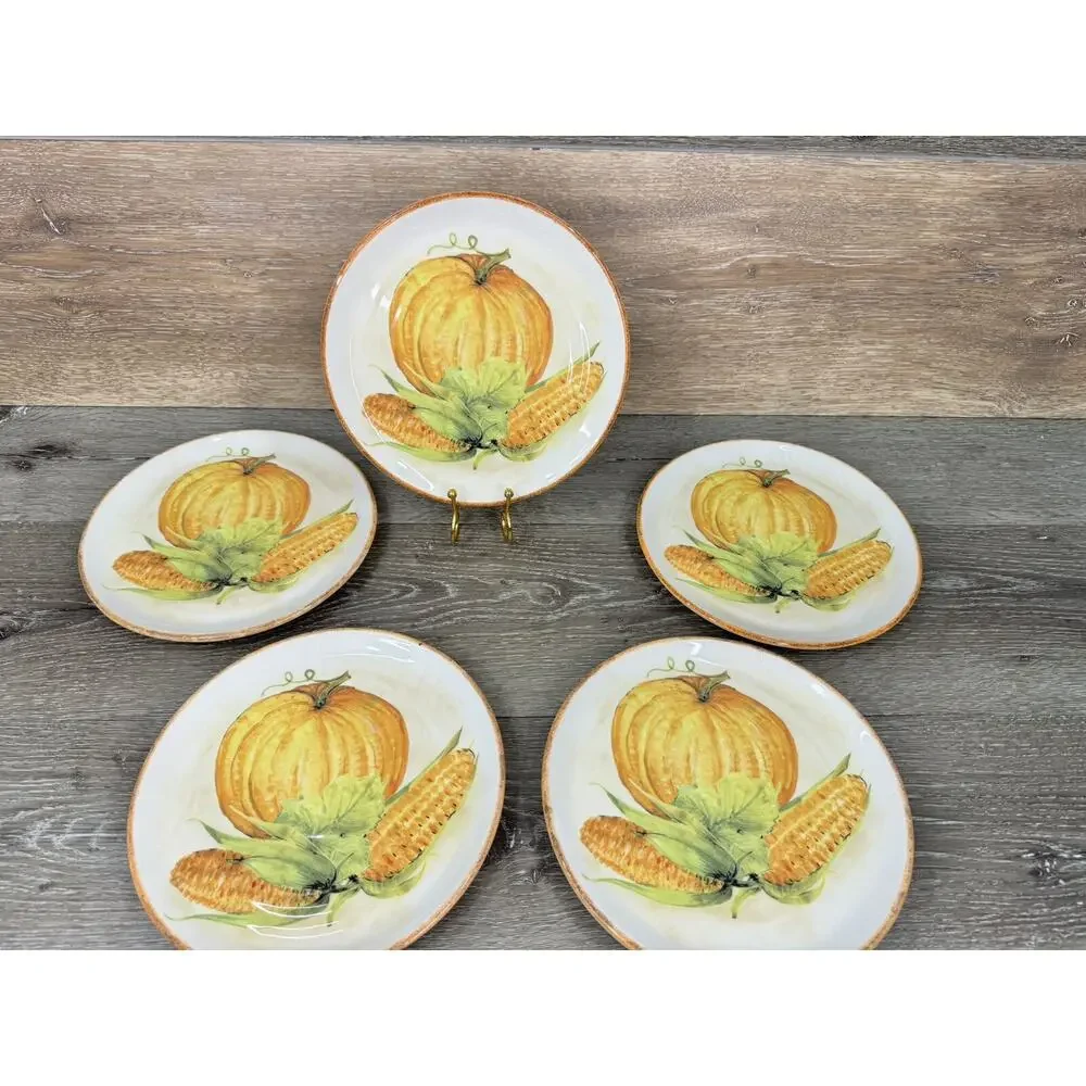 Sur La Table Thanksgiving Pumpkin Corn 9” Luncheon/Salad Plate ~5 Pc ~w/ Crazing
